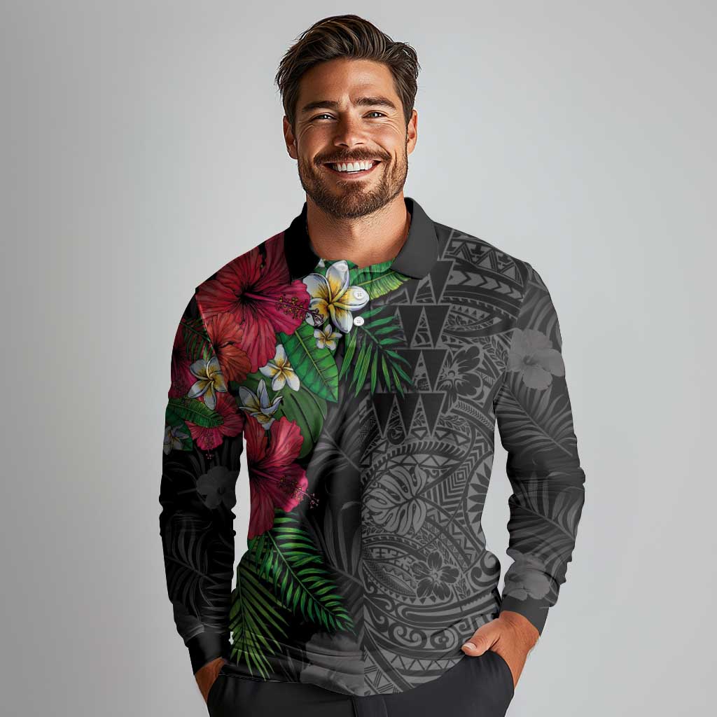 Hawaiian Tropical Plants Long Sleeve Polo Shirt Kakau Tattoo and Polynesian Pattern Half Black Color
