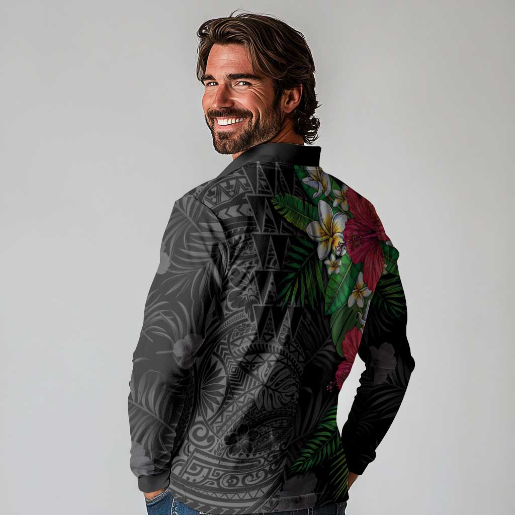 Hawaiian Tropical Plants Long Sleeve Polo Shirt Kakau Tattoo and Polynesian Pattern Half Black Color
