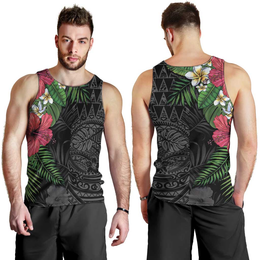 Hawaiian Tropical Plants Men Tank Top Kakau Tattoo and Polynesian Pattern Half Black Color