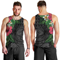 Hawaiian Tropical Plants Men Tank Top Kakau Tattoo and Polynesian Pattern Half Black Color