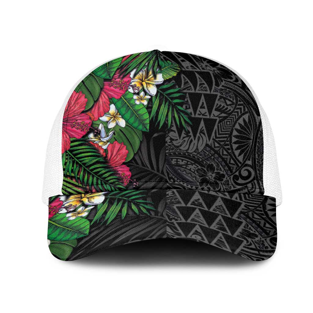 Hawaiian Tropical Plants Mesh Trucker Cap Kakau Tattoo and Polynesian Pattern Half Black Color