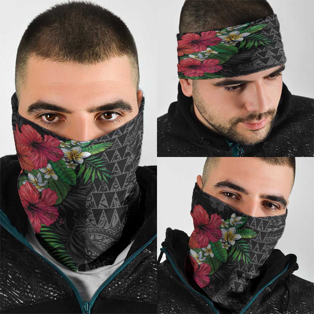 Hawaiian Tropical Plants Neck Gaiter Kakau Tattoo and Polynesian Pattern Half Black Color