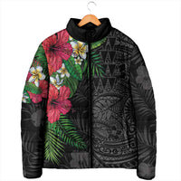 Hawaiian Tropical Plants Padded Jacket Kakau Tattoo and Polynesian Pattern Half Black Color