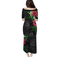Hawaiian Tropical Plants Puletasi Kakau Tattoo and Polynesian Pattern Half Black Color