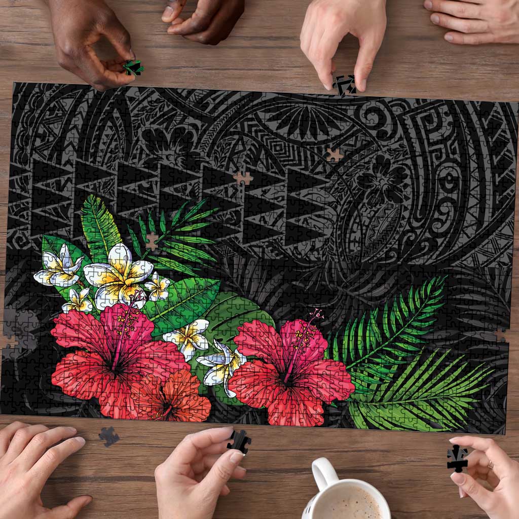 Hawaiian Tropical Plants Puzzle Kakau Tattoo and Polynesian Pattern Half Black Color