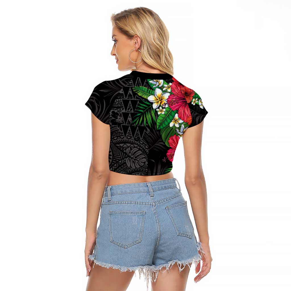 Hawaiian Tropical Plants Raglan Cropped T Shirt Kakau Tattoo and Polynesian Pattern Half Black Color