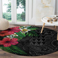 Hawaiian Tropical Plants Round Carpet Kakau Tattoo and Polynesian Pattern Half Black Color