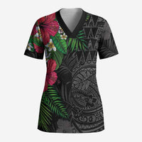 Hawaiian Tropical Plants Scrub Top Kakau Tattoo and Polynesian Pattern Half Black Color