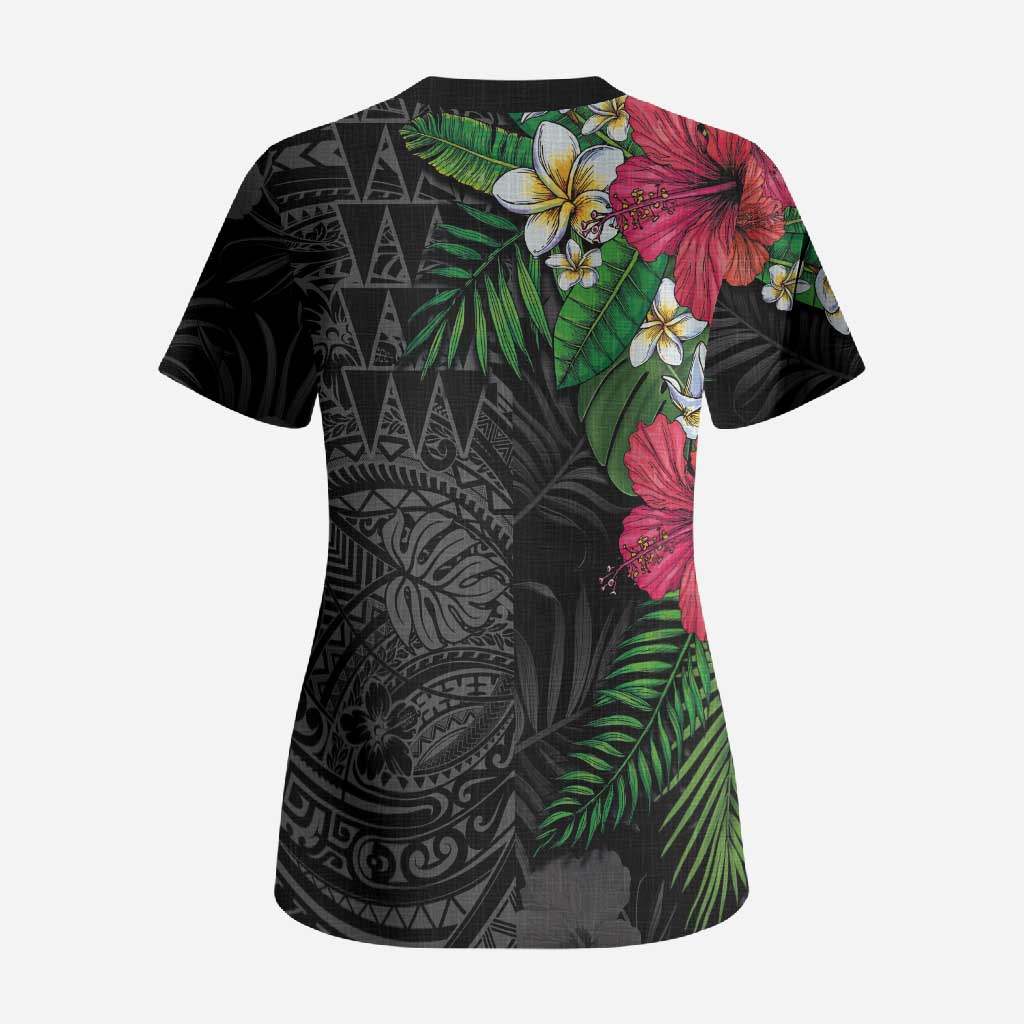 Hawaiian Tropical Plants Scrub Top Kakau Tattoo and Polynesian Pattern Half Black Color