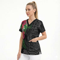 Hawaiian Tropical Plants Scrub Top Kakau Tattoo and Polynesian Pattern Half Black Color