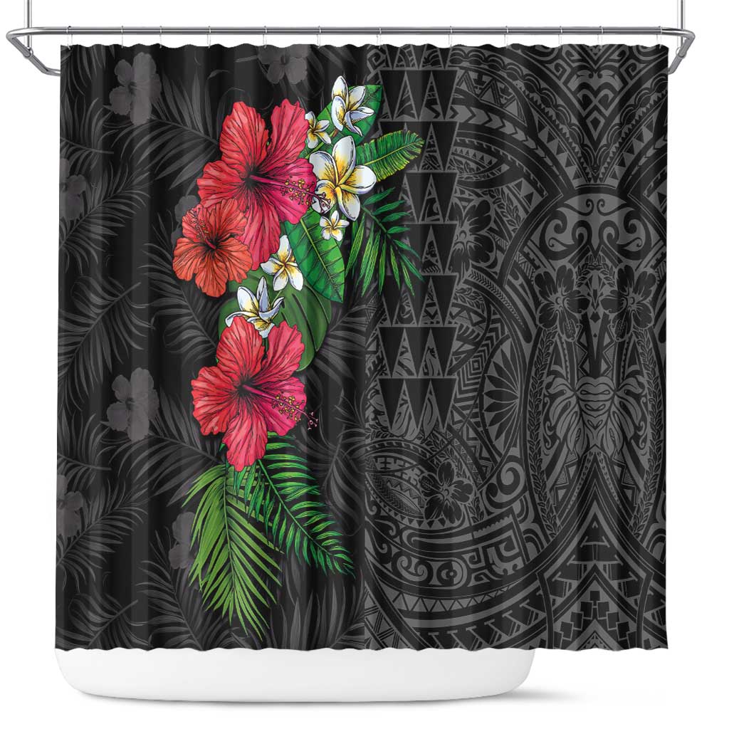 Hawaiian Tropical Plants Shower Curtain Kakau Tattoo and Polynesian Pattern Half Black Color LT03 Black - Polynesian Pride