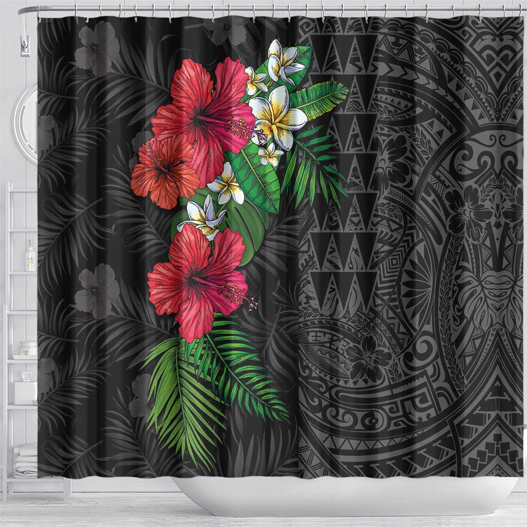Hawaiian Tropical Plants Shower Curtain Kakau Tattoo and Polynesian Pattern Half Black Color LT03 - Polynesian Pride
