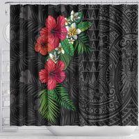 Hawaiian Tropical Plants Shower Curtain Kakau Tattoo and Polynesian Pattern Half Black Color LT03 - Polynesian Pride
