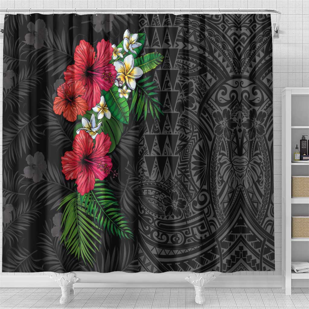 Hawaiian Tropical Plants Shower Curtain Kakau Tattoo and Polynesian Pattern Half Black Color LT03 - Polynesian Pride