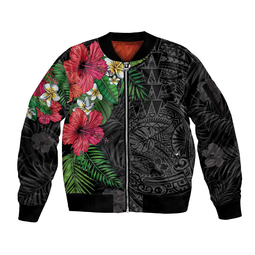 Hawaiian Tropical Plants Sleeve Zip Bomber Jacket Kakau Tattoo and Polynesian Pattern Half Black Color