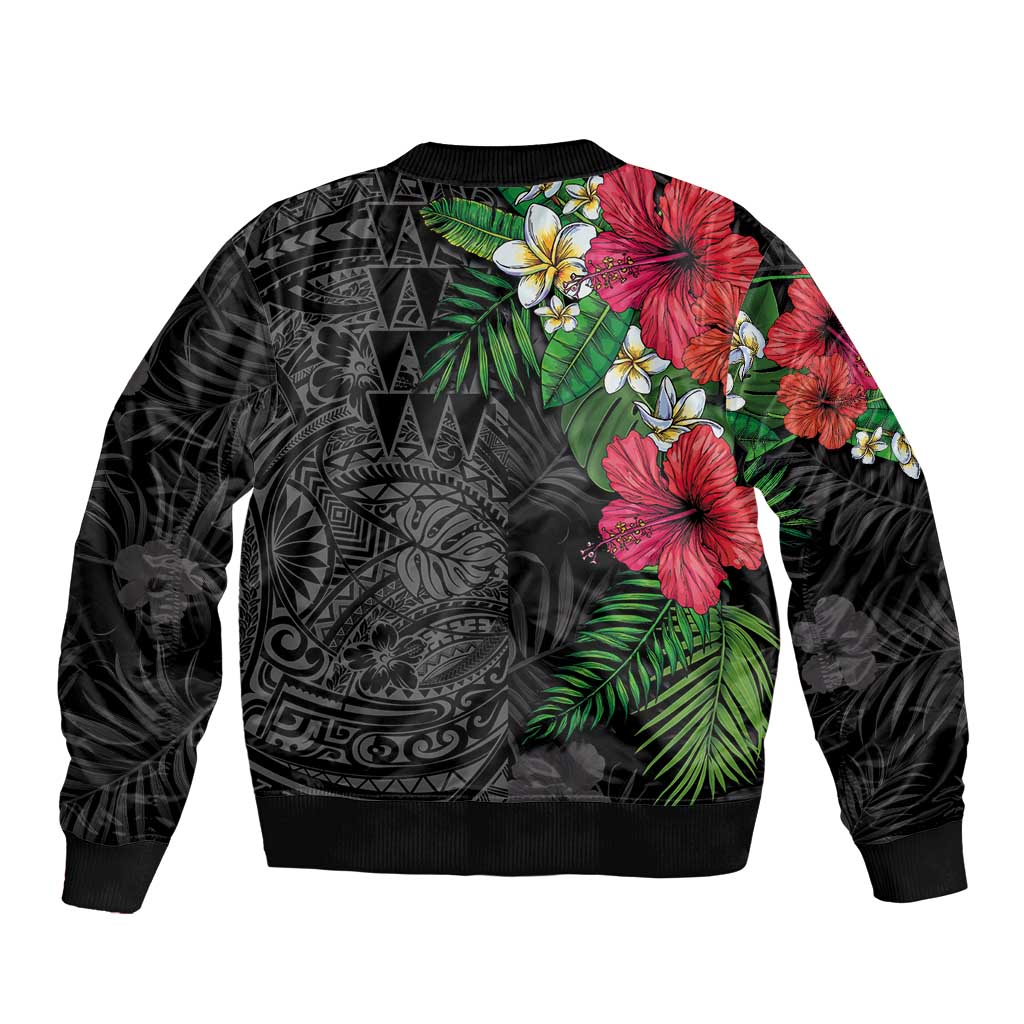 Hawaiian Tropical Plants Sleeve Zip Bomber Jacket Kakau Tattoo and Polynesian Pattern Half Black Color