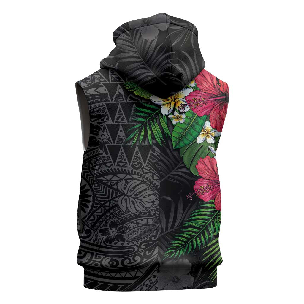 Hawaiian Tropical Plants Sleeveless Hoodie Kakau Tattoo and Polynesian Pattern Half Black Color