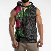 Hawaiian Tropical Plants Sleeveless Hoodie Kakau Tattoo and Polynesian Pattern Half Black Color