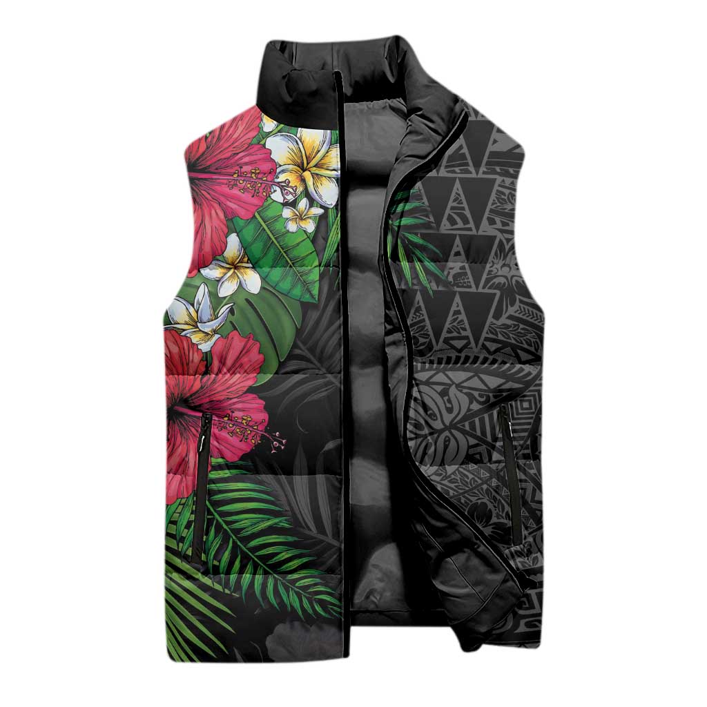 Hawaiian Tropical Plants Sleeveless Puffer Jacket Kakau Tattoo and Polynesian Pattern Half Black Color