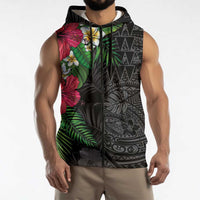 Hawaiian Tropical Plants Sleeveless Zip Hoodie Kakau Tattoo and Polynesian Pattern Half Black Color