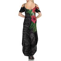 Hawaiian Tropical Plants Summer Maxi Dress Kakau Tattoo and Polynesian Pattern Half Black Color
