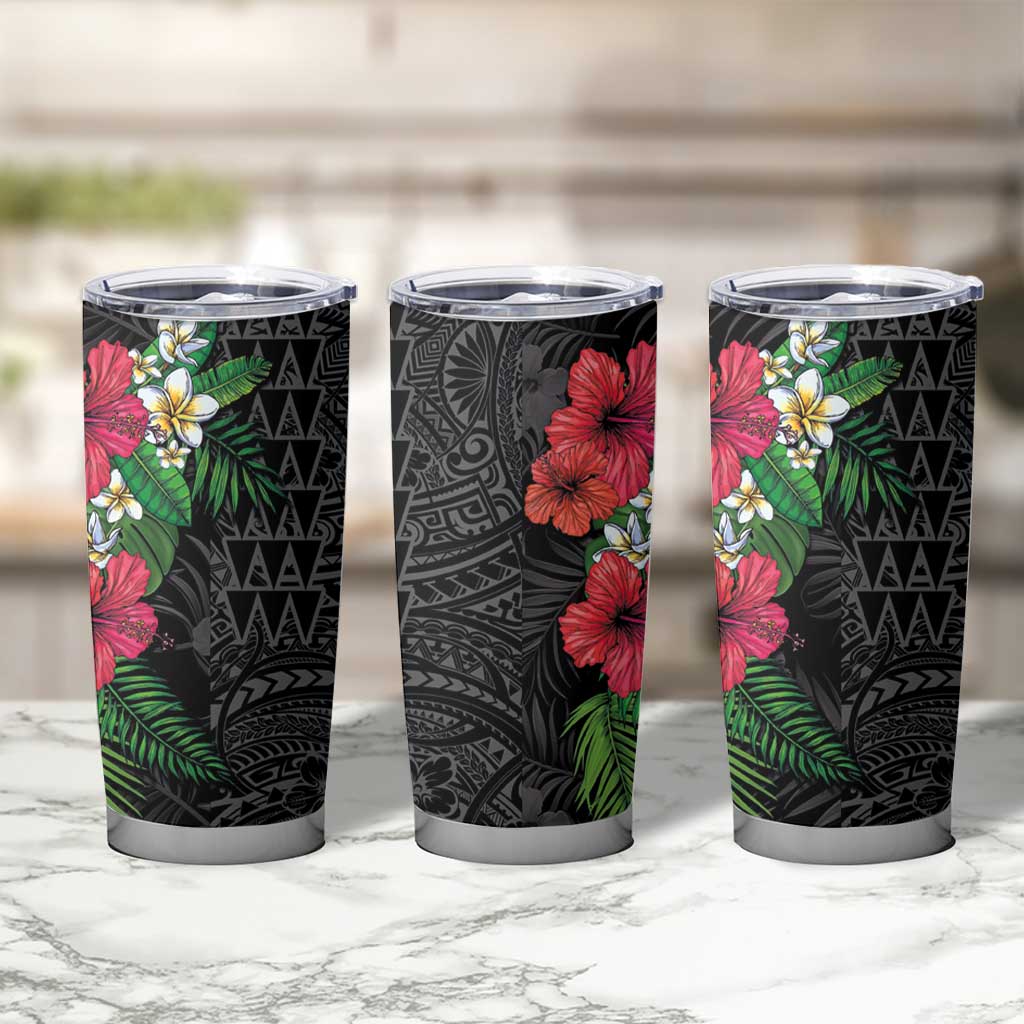 Hawaiian Tropical Plants Tumbler Cup Kakau Tattoo and Polynesian Pattern Half Black Color