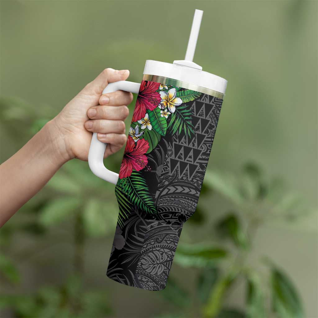 Hawaiian Tropical Plants Tumbler With Handle Kakau Tattoo and Polynesian Pattern Half Black Color