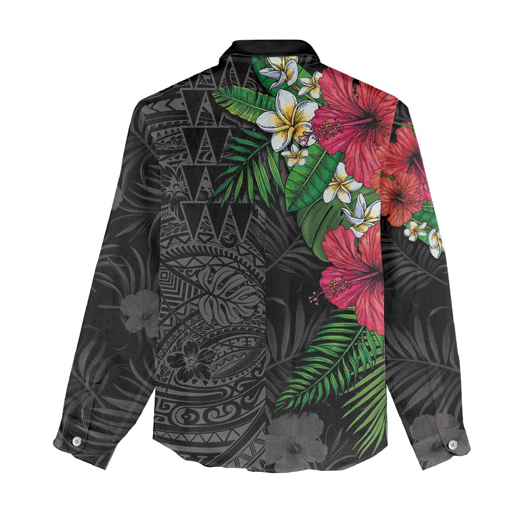 Hawaiian Tropical Plants Women Casual Shirt Kakau Tattoo and Polynesian Pattern Half Black Color