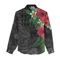 Hawaiian Tropical Plants Women Casual Shirt Kakau Tattoo and Polynesian Pattern Half Black Color