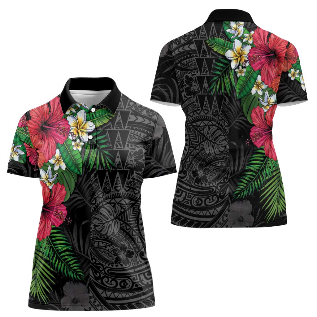 Hawaiian Tropical Plants Women Polo Shirt Kakau Tattoo and Polynesian Pattern Half Black Color