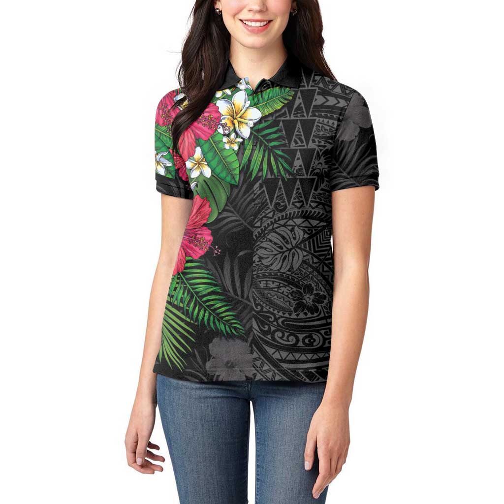 Hawaiian Tropical Plants Women Polo Shirt Kakau Tattoo and Polynesian Pattern Half Black Color