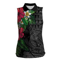 Hawaiian Tropical Plants Women Sleeveless Polo Shirt Kakau Tattoo and Polynesian Pattern Half Black Color LT03 Female Black - Polynesian Pride