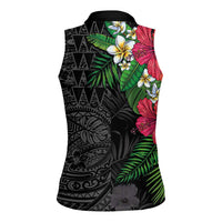 Hawaiian Tropical Plants Women Sleeveless Polo Shirt Kakau Tattoo and Polynesian Pattern Half Black Color LT03 - Polynesian Pride
