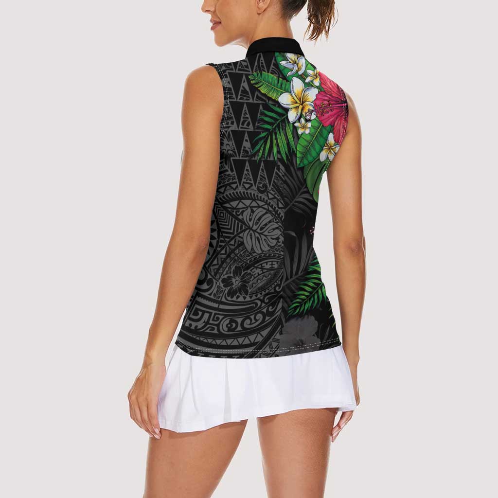 Hawaiian Tropical Plants Women Sleeveless Polo Shirt Kakau Tattoo and Polynesian Pattern Half Black Color LT03 - Polynesian Pride