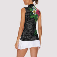 Hawaiian Tropical Plants Women Sleeveless Polo Shirt Kakau Tattoo and Polynesian Pattern Half Black Color LT03 - Polynesian Pride