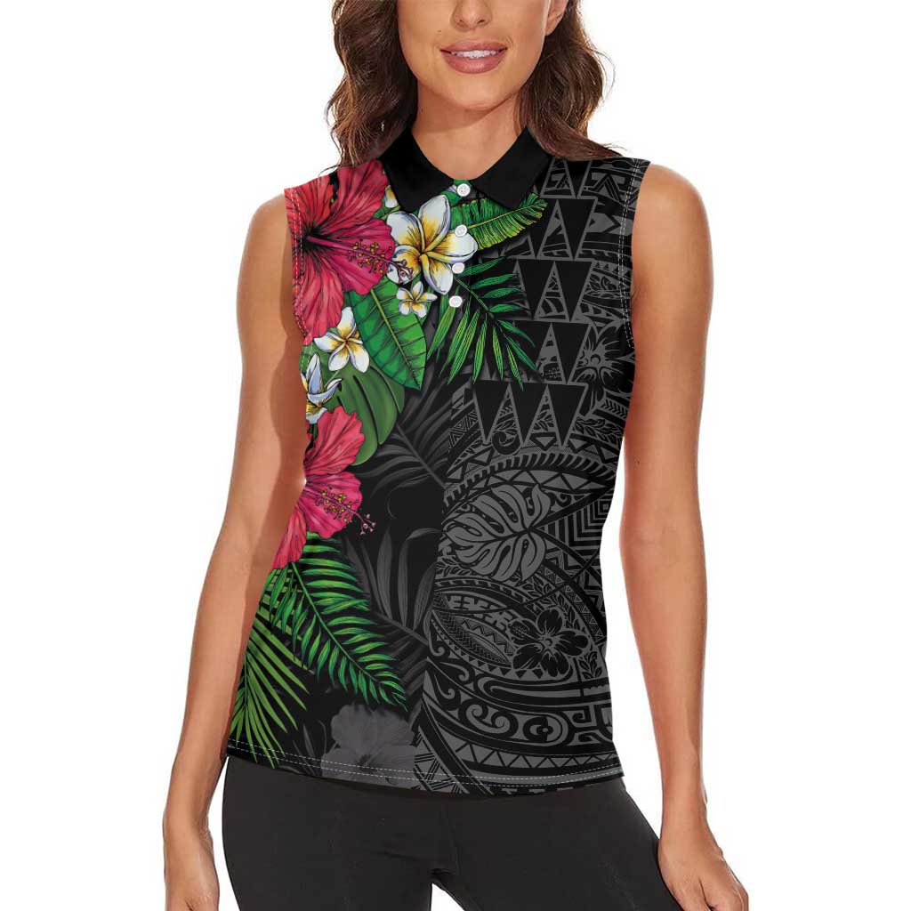 Hawaiian Tropical Plants Women Sleeveless Polo Shirt Kakau Tattoo and Polynesian Pattern Half Black Color LT03 - Polynesian Pride
