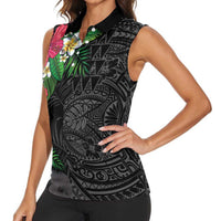 Hawaiian Tropical Plants Women Sleeveless Polo Shirt Kakau Tattoo and Polynesian Pattern Half Black Color LT03 - Polynesian Pride