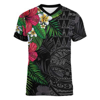 Hawaiian Tropical Plants Women V-Neck T-Shirt Kakau Tattoo and Polynesian Pattern Half Black Color LT03 Female Black - Polynesian Pride