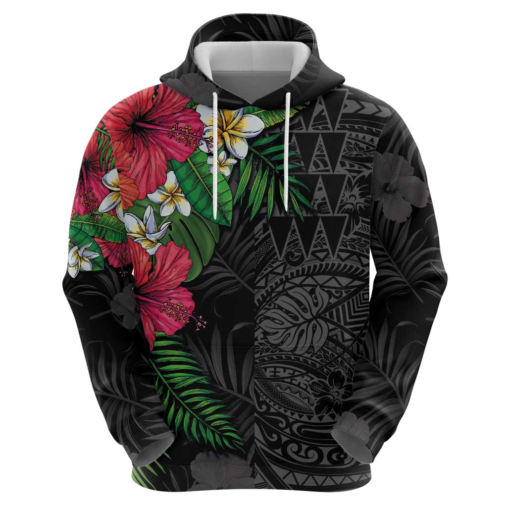 Hawaiian Tropical Plants Zip Hoodie Kakau Tattoo and Polynesian Pattern Half Black Color
