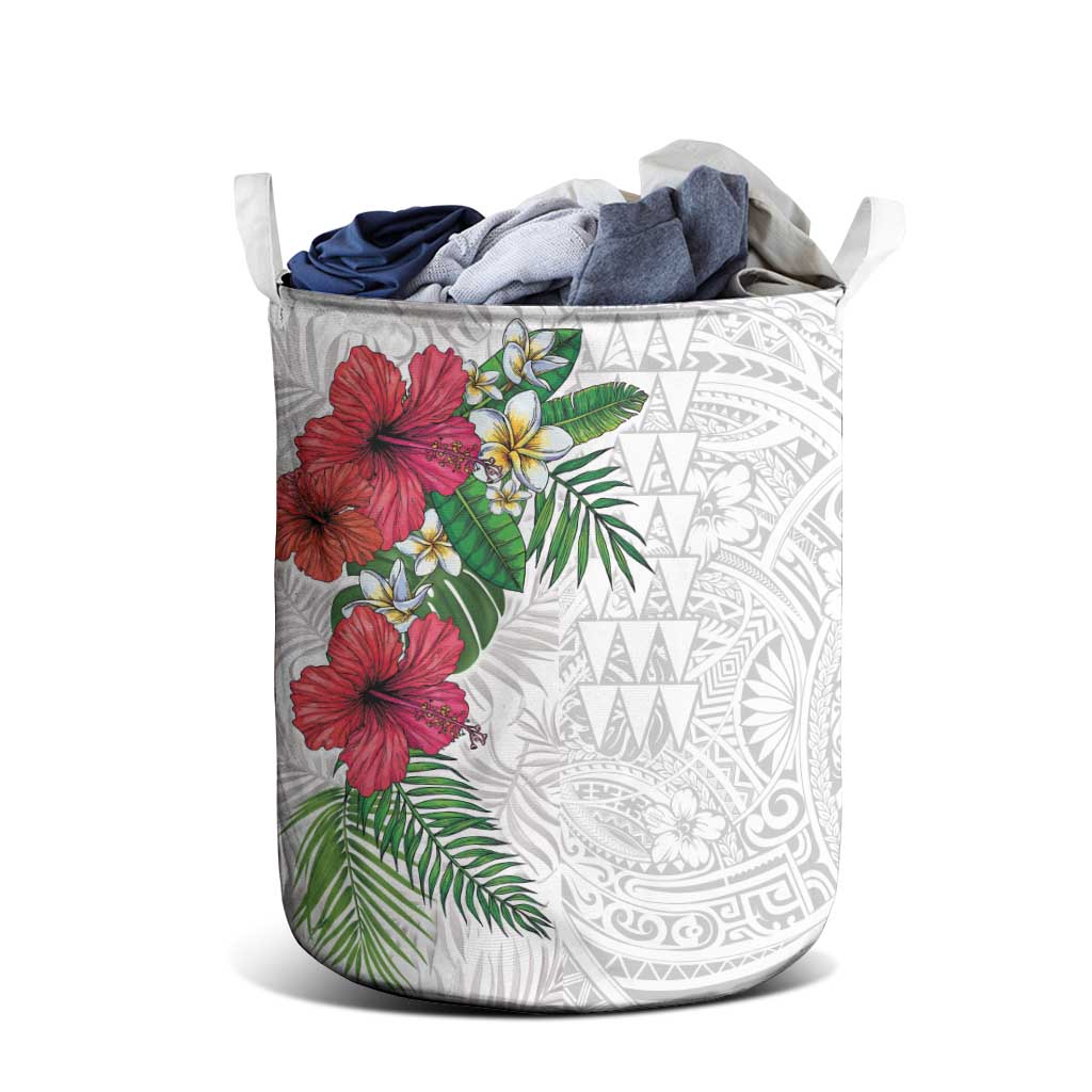 Hawaiian Tropical Plants Laundry Basket Kakau Tattoo and Polynesian Pattern Half White Color