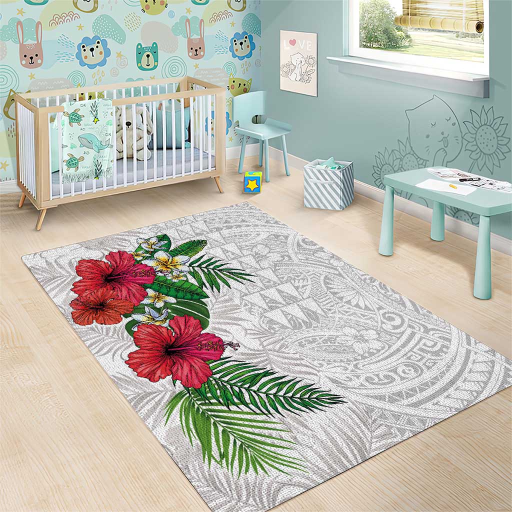 Hawaiian Tropical Plants Area Rug Kakau Tattoo and Polynesian Pattern Half White Color