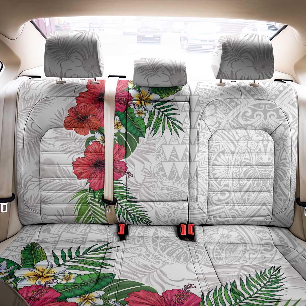 Hawaiian Tropical Plants Back Car Seat Cover Kakau Tattoo and Polynesian Pattern Half White Color
