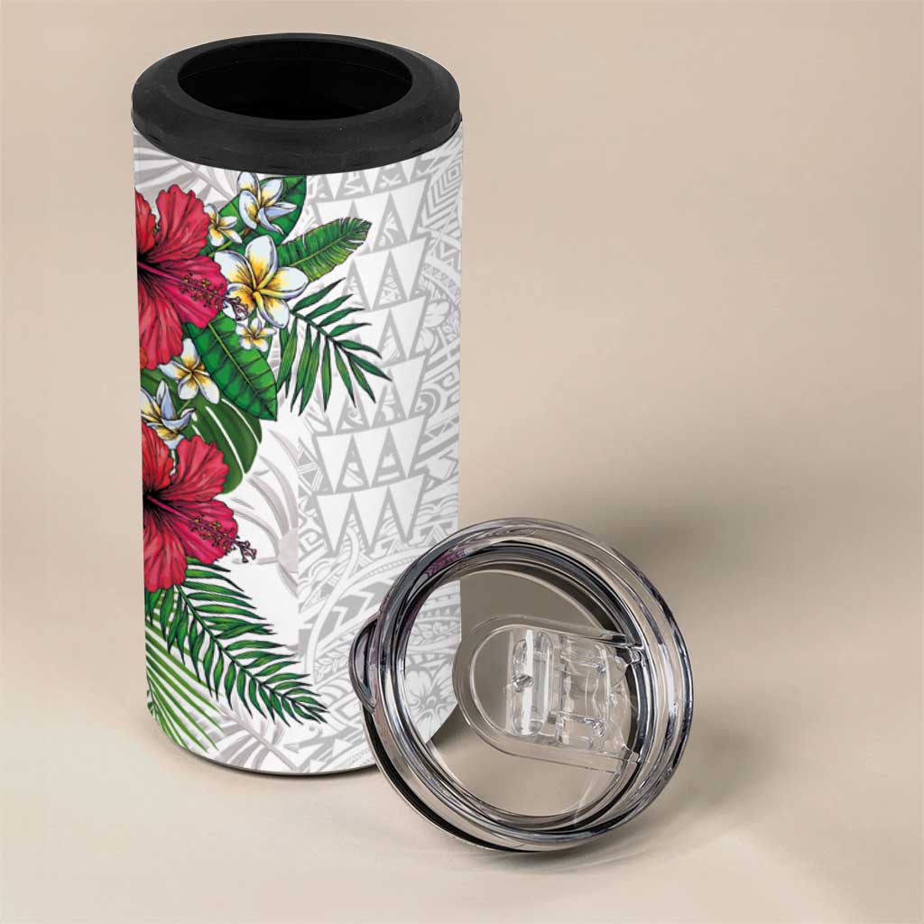 Hawaiian Tropical Plants 4 in 1 Can Cooler Tumbler Kakau Tattoo and Polynesian Pattern Half White Color