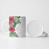 Hawaiian Tropical Plants Ceramic Mug Kakau Tattoo and Polynesian Pattern Half White Color