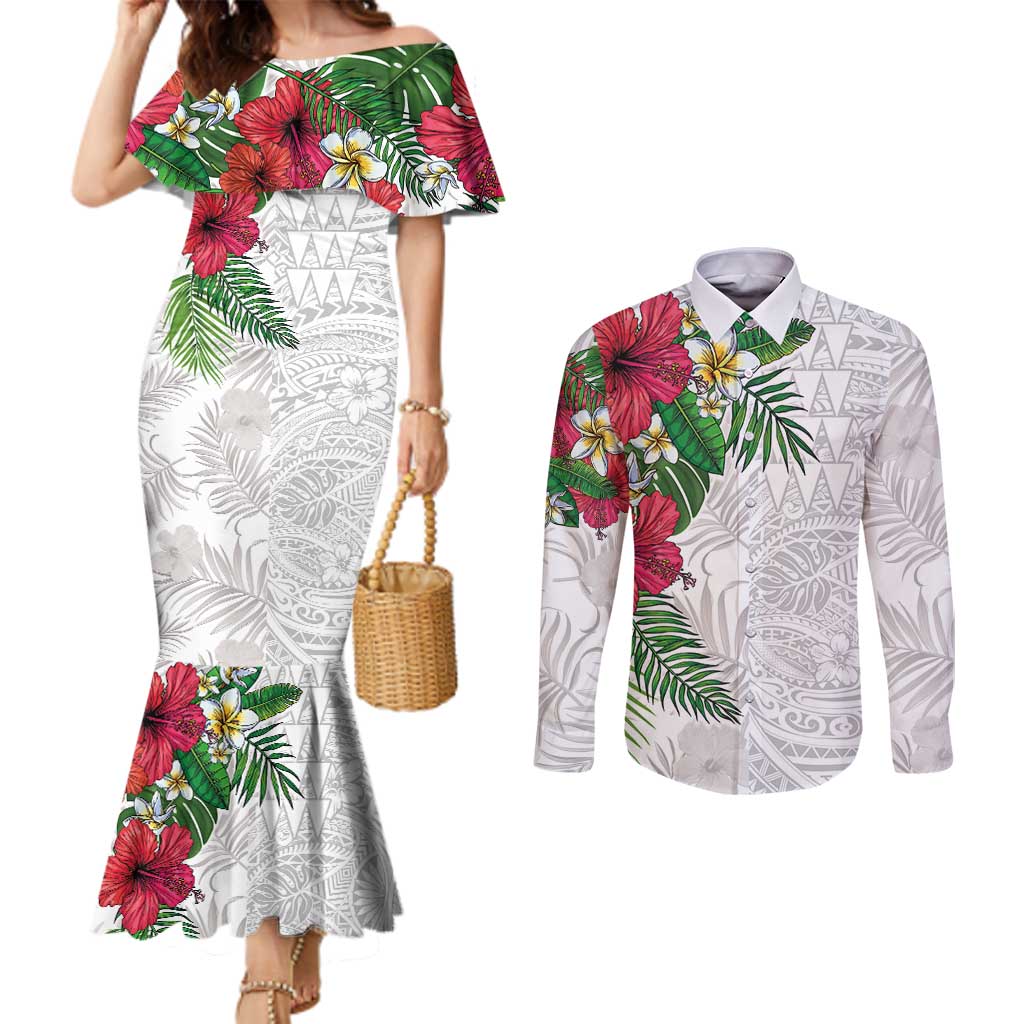 Hawaiian Tropical Plants Couples Matching Mermaid Dress and Long Sleeve Button Shirt Kakau Tattoo and Polynesian Pattern Half White Color LT03 White - Polynesian Pride