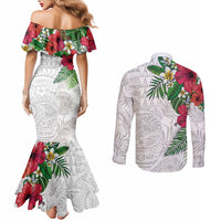 Hawaiian Tropical Plants Couples Matching Mermaid Dress and Long Sleeve Button Shirt Kakau Tattoo and Polynesian Pattern Half White Color LT03 - Polynesian Pride