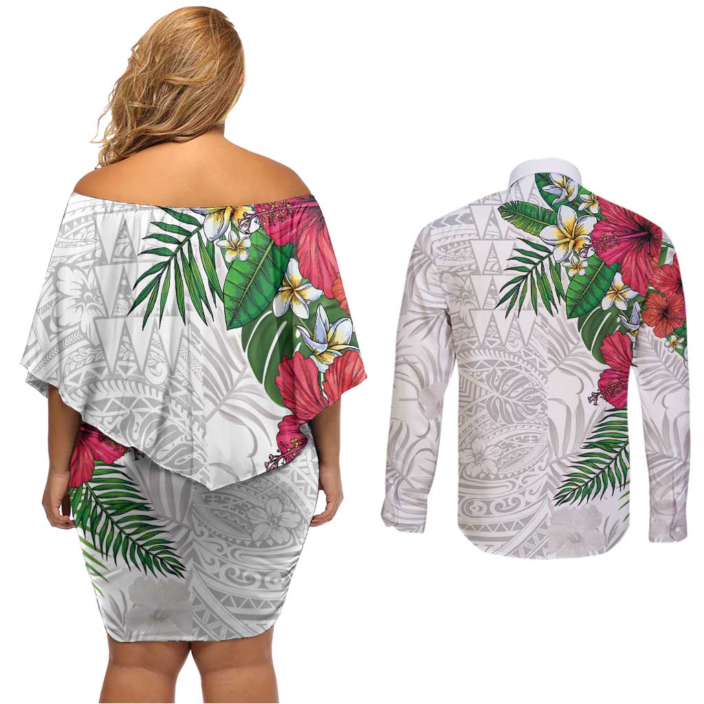 Hawaiian Tropical Plants Couples Matching Off Shoulder Short Dress and Long Sleeve Button Shirt Kakau Tattoo and Polynesian Pattern Half White Color LT03 - Polynesian Pride