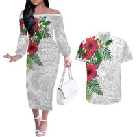 Hawaiian Tropical Plants Couples Matching Off The Shoulder Long Sleeve Dress and Hawaiian Shirt Kakau Tattoo and Polynesian Pattern Half White Color LT03 White - Polynesian Pride