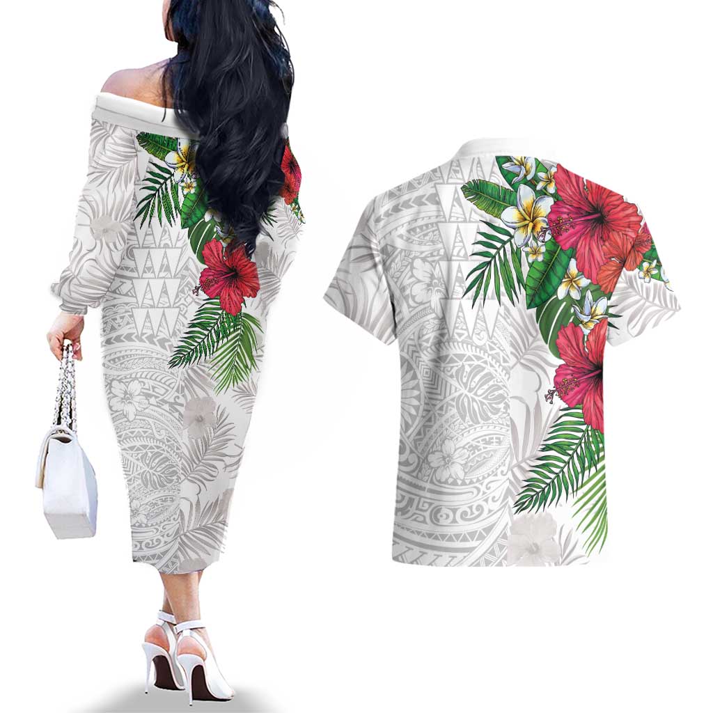Hawaiian Tropical Plants Couples Matching Off The Shoulder Long Sleeve Dress and Hawaiian Shirt Kakau Tattoo and Polynesian Pattern Half White Color LT03 - Polynesian Pride