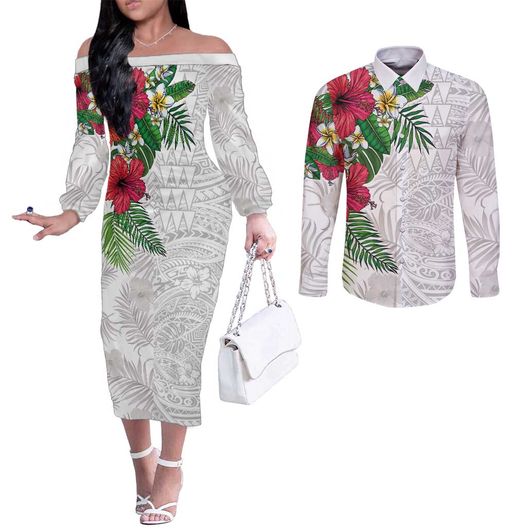 Hawaiian Tropical Plants Couples Matching Off The Shoulder Long Sleeve Dress and Long Sleeve Button Shirt Kakau Tattoo and Polynesian Pattern Half White Color LT03 White - Polynesian Pride